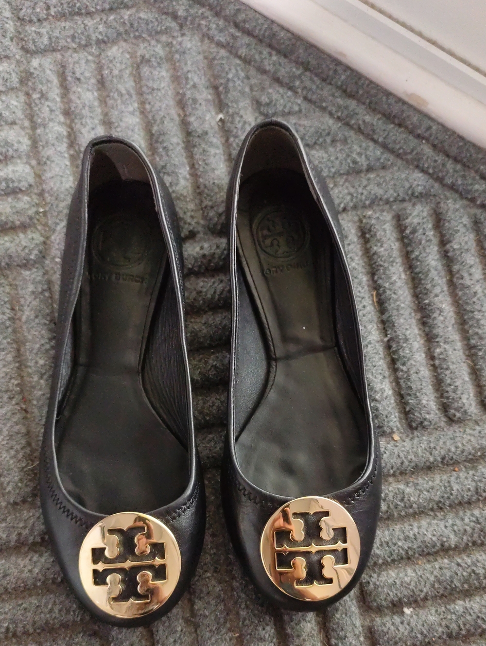 Tory Burch Black Leather Flats with Gold Logo Medallions
